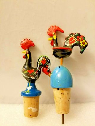 (2) Vintage Rooster Wine Bottle Stoppers Hand Painted Portugal