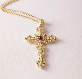 Vintage Avon Cross Pendant Necklace Red Cabochon Gold Tone Filigree