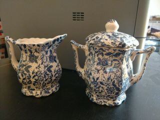 Vintage China Two Piece Blue Floral Coffee Set Sugar Bowl And Creamer