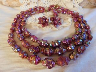 Vintage Purple,  Colorful Iridescent Beaded Bib Necklace And Cluster Earrings Set
