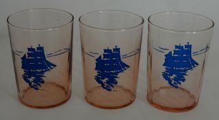 3 Vintage Depression Era Glassware Pink Water Glasses W Blue Ships Boats Aa