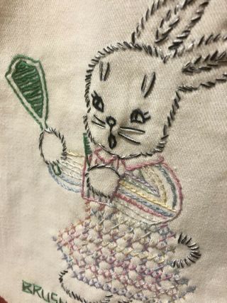 Vintage Embroidered Baby Bib Rabbit Brush Your Teeth 1950’s Adorable