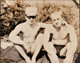 Two Shirtless Young Man,  Outdoors,  Swimming Trunks,  Vtg