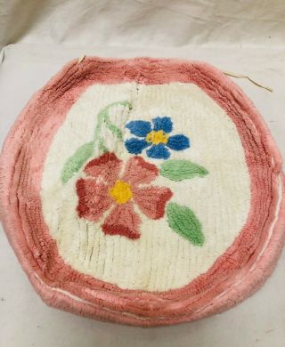 Vintage Pink White Blue Floral Chenille Bathroom Toilet Seat Lid Cover 18x16 "