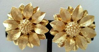Stunning Vintage Estate Signed Sarah Cov Gold Tone Flower 1 " Clip Earrings 2293k