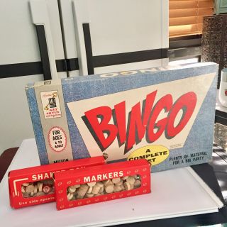 1960 BINGO 4002 Milton Bradley Game.  Good Vintage.  75 Wooden Markers 2