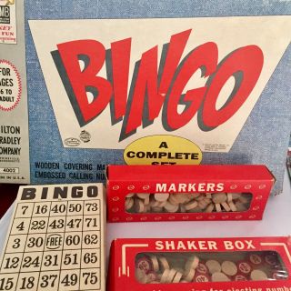 1960 BINGO 4002 Milton Bradley Game.  Good Vintage.  75 Wooden Markers 4