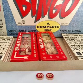 1960 BINGO 4002 Milton Bradley Game.  Good Vintage.  75 Wooden Markers 5