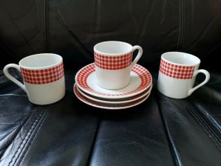 Vintage Queen Victoria 1881 Royal Porcelain Red Gingham Demitasse Cups & Saucers