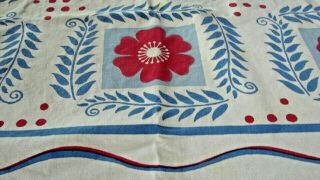 Early Vintage Bold Red White Blue Floral Print Cotton Tablecloth 52 X 66 "