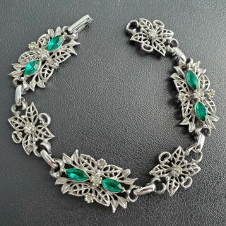 Vtg Emerald Green Marquise Rhinestone Silver Tone Filigree Flower Bracelet Q195