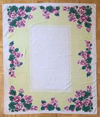 Vintage Tablecloth Light Chartreuse Yellow Pink & Green,  50 " X 58 ".  Flower Print