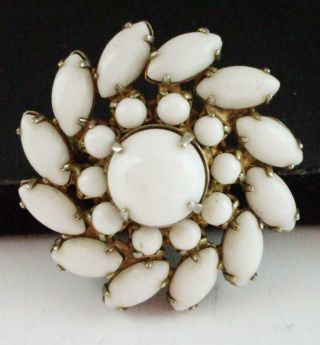 Lovely Vintage White Milk Glass Marquis Flower Pin Brooch W/prong Set Stones