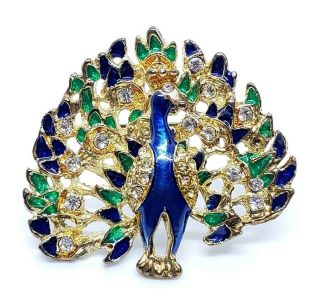 Ornate Vintage Gold Tone Glass Rhinestone Blue/green Enamel Pea Cock Brooch