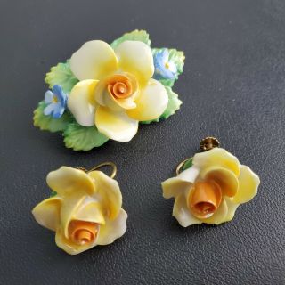 Signed Artone Bone China Made In England Vintage Flower Brooch Earrings Set Q58