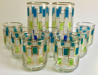Set Of 9 Vintage Libbey Nordic Geometric Drink Glasses 2 At 5 1/2 " & 2 At 3 " Mcm