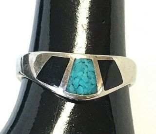 Vintage Pinky Ring Size 4 Southwest Style Silver - Tone Turquoise Black Cop 89