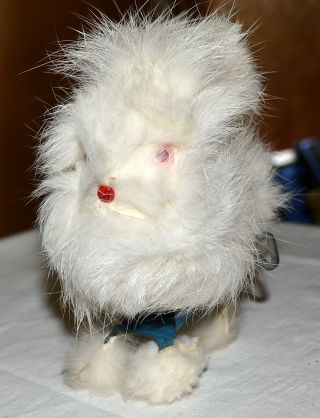 Vintage White Bunny Rabbit Fur Wind Up Tin Toy,  Hops,