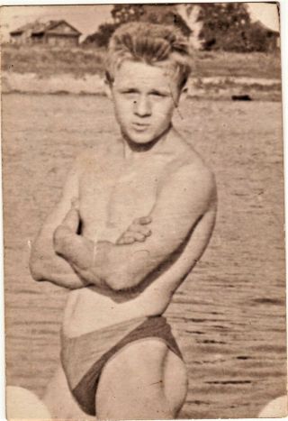 Shirtless Handsome Young Man,  Swimming Trunks,  Vtg Photo