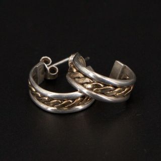 Vtg Sterling Silver & Gold Accent - Navajo Braided J Hoop Post Earrings - 5g