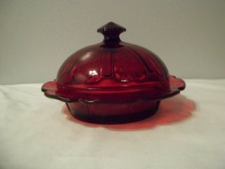 Vintage Ruby Red Round Flower Pattern Domed Lid Covered Butter Dish 6 " D