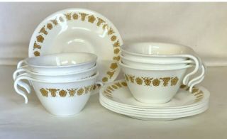 Vintage Corelle Butterfly Gold Hook Coffee Cups & Saucers By Corning Set Of 6