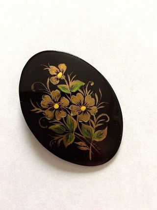 Vintage Black Lacquered Hand Painted Russian 2” Oval Brooch Signed In 89