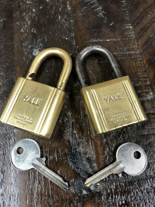 2 Vintage Heavy Brass Yale Padlock Locks With 2 Keys 1 Hardened,