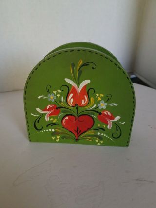 Vintage Wood Napkin Holder W/hand Painted Flowers/heart.  Could Hold Bills Too.
