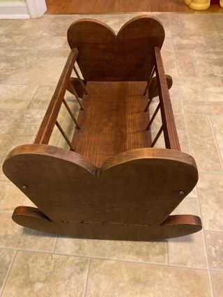 Vintage Wood Doll Cradle Rocking With Heart Shaped Ends Hand Made
