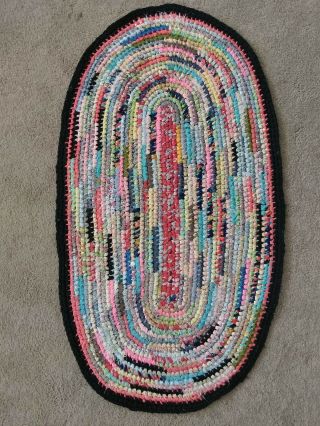 Vintage Crocheted Amish Multi - Colored Polyester Rag Rug Oval 25x44 "