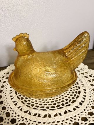 Vintage Amber Glass Chicken Candy Dish