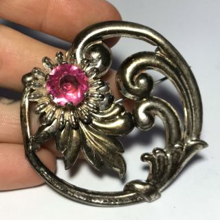 Vtg Large Sterling Silver Pink Rhinestone Flower Pin Brooch
