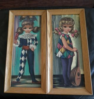 Vintage Eden Print - Big Eye Moppet Girls In Wood Frames,  Minor Wear On Frames.