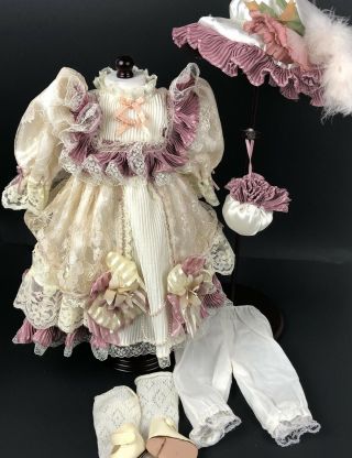 Vtg Doll Dress Victorian Clothes For 18” Dolls Hat Pantaloons Dusty Rose Ivory