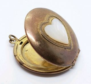 Lovely Vintage Gold Tone Mother Of Pearl Heart Inlay Art Deco Locket Pendant