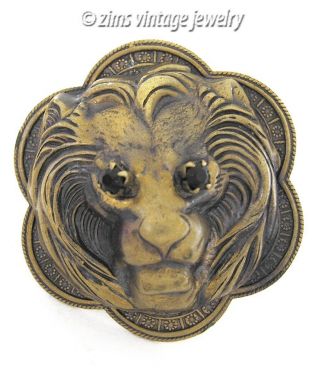 Vintage Large Brass Repousse Lion Cat Head Black Rhinestone Big Cocktail Ring