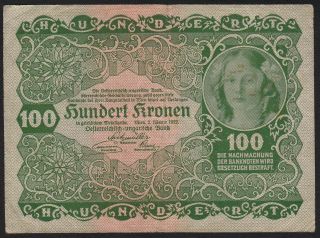 1922 100 Kronen Austria Vintage Old Paper Money Banknote Currency Note P 77 Vf