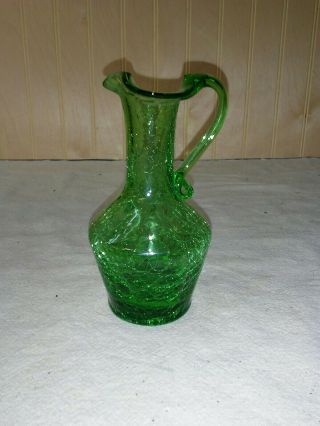 Vtg Crackle Hand Blown Art Glass Green Pitcher /vase Applied Handle