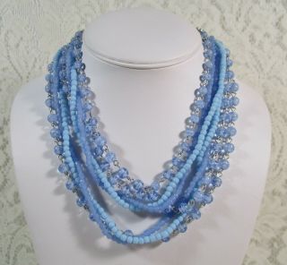 . 99 Vtg Japan 5 Strand Blue & White Venetian Glass Bead Choker/necklace Euc