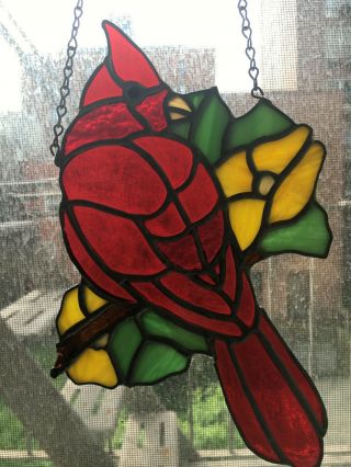 Vintage Cardinal Bird Leaves Flowers Stained Glass Suncatcher