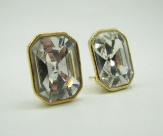 Vintage Gold Tone Stud Earrings Large Clear/white Emerald Cut Rhinestone Bling