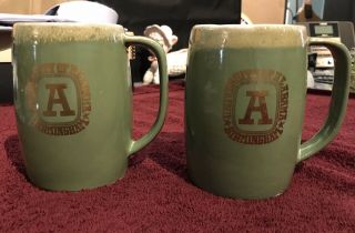 2 Vintage Uab Hull Usa Pottery Mugs University Alabama Avocado Green Drip Glaze