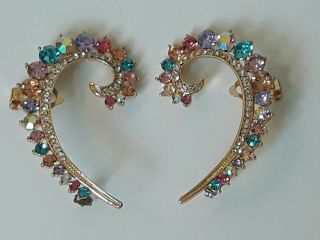 Vintage Rhinestone Earrings Ab And Multi - Color Gold Tone Stud Cuff Wrap Clip On
