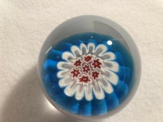 Vintage Millefiori Paperweight Red White Blue Flowers Art Glass Flat Bottom