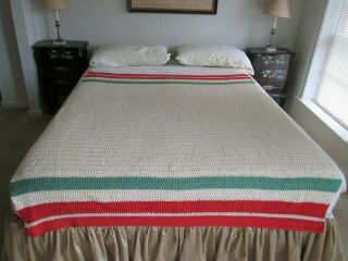 Vintage Ivory - Green - Red Hand Crocheted Afghan Blanket - Throw - 58 X 68 "