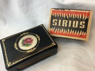Vintage Match Box Holder Leather Needlepoint Rose Insert Sirius Match Book Box