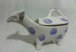 Vintage Full Body Cow Creamer Lid White Purple Polka Dots - Art Pottery - Rare