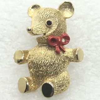 Vintage Teddy Bear Brooch Pin Red Enamel Bow Gold Tone Costume Jewelry