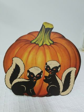 Vintage Halloween Paper Die Cut Out Skunks With Pumpkin Decoration 1950 
